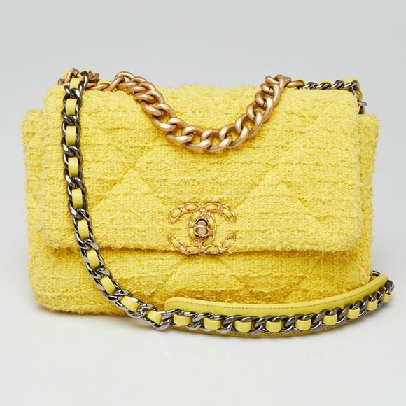 Chanel Yellow/Beige Quilted Tweed Small Chanel 19 Bag - Picture 2 of 9